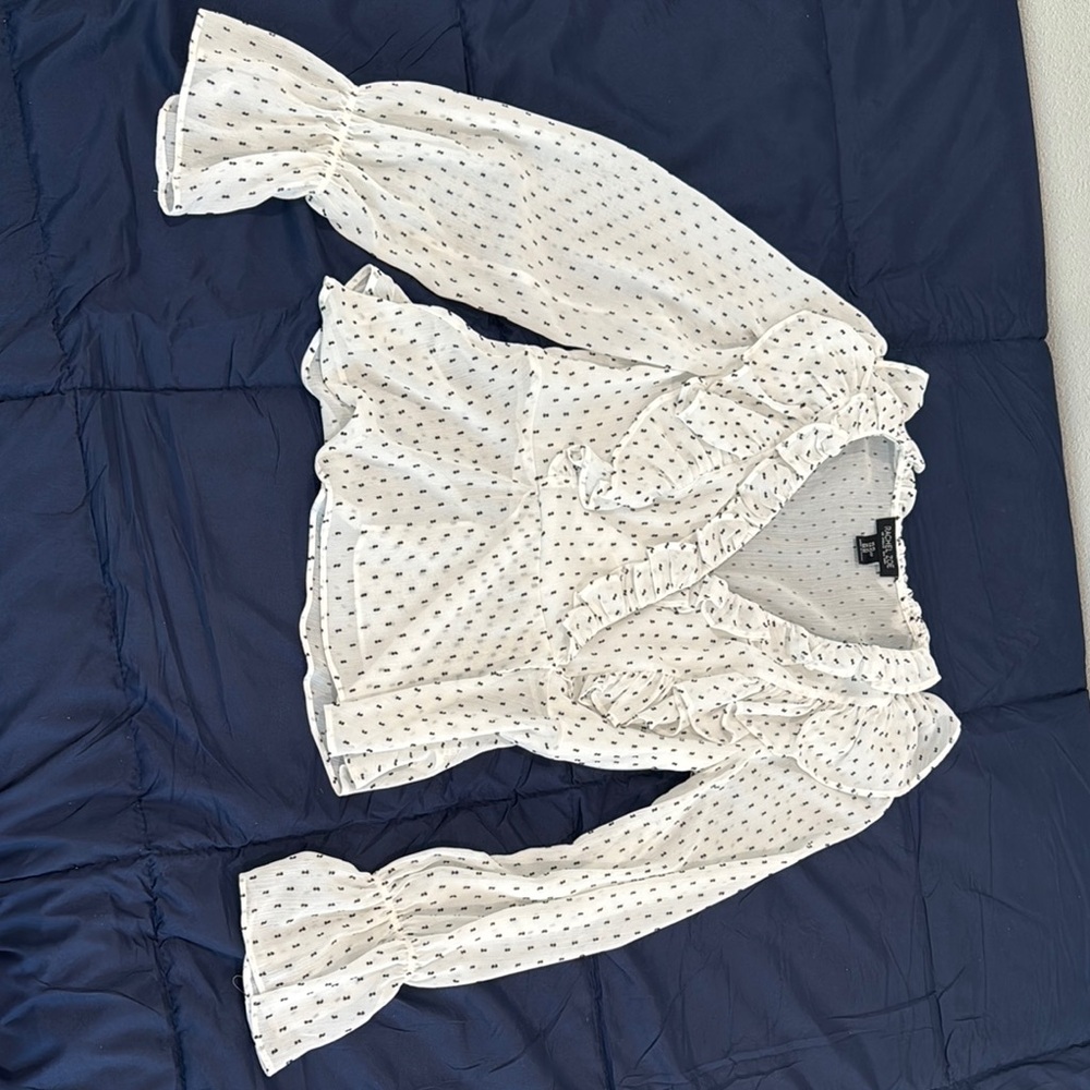 Rachel Zoe “Maison d’ Amelie White clip Dot Ruffle Bell Sleeve Polka Dot Blouse